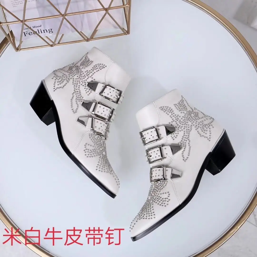 Rivets Real Leather Women Booties Buckle Straps Thick Heel Black Ankle Women Boots Studded Decorated Woman Boots Motorcycle