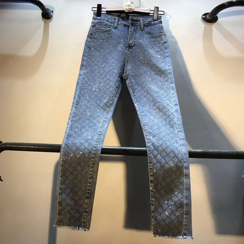 JOYDU брендовые джинсы женские весенние модные новые классные Argyle алмазные горячие сверла Высокая талия тонкие эластичные длиной до лодыжки джинсы джинсовые брюки