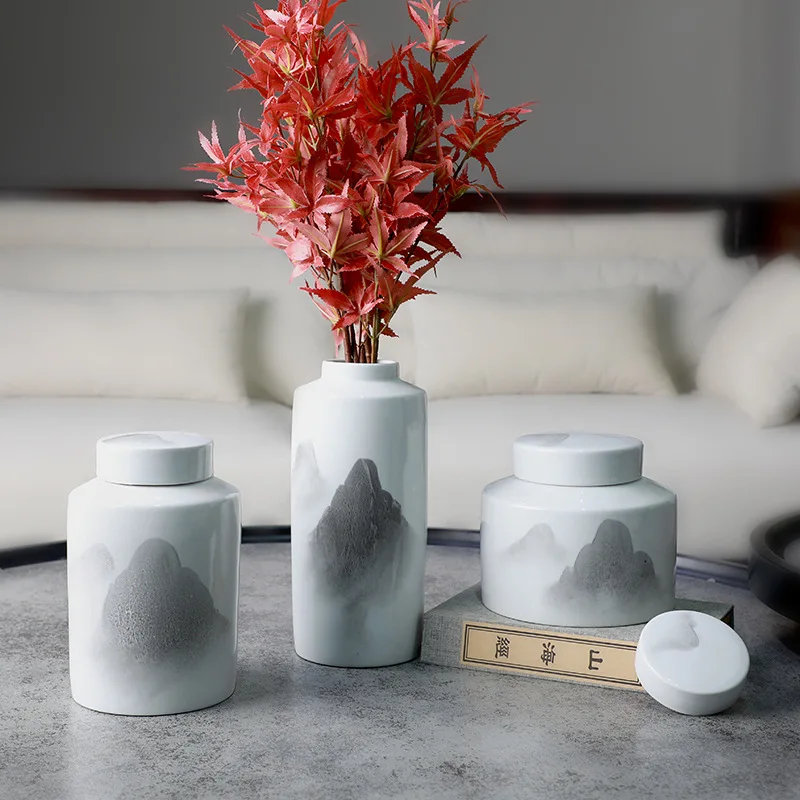

New Chinese Style Soft Loading Ceramic Storage Jar Decorations Showroom Home Decoration Flower Arrangement Vase Ink Landscape Ce