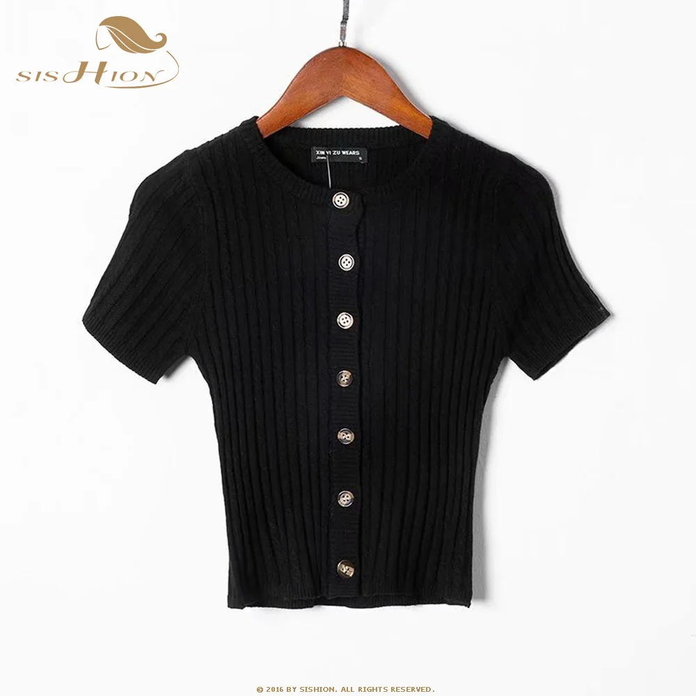 

SISHION Autumn 2019 New Fashion O-Neck Short Sleeve Knitted Cardigans Women QY0266 Red Black Single Breasted Vintage Sweater Top