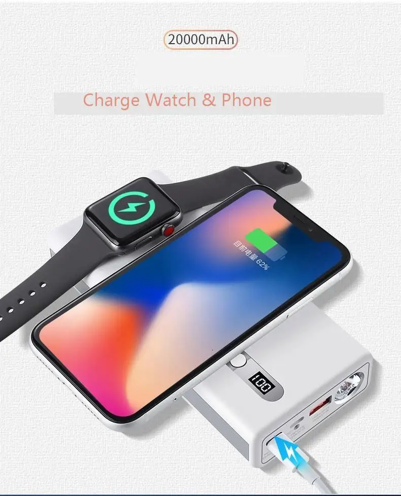 VOGEK Wireless Power Bank 20000mAh Qi Fast Wireless Charger for Phone USB Type-c for Mackbook External Battery for Apple Watch