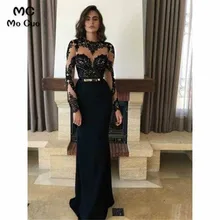 Иллюзия с длинным рукавом Выпускные платья с аппликацией кружевное вечернее платье Vestido de festa без спинки эластичные атласные вечерние платья