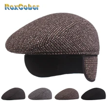 [RoxCober], зимняя теплая шапка, защита для ушей, газетные Шапки, береты из шерсти, плоская кепка плюща, классический винтажный полосатый берет, Кепка