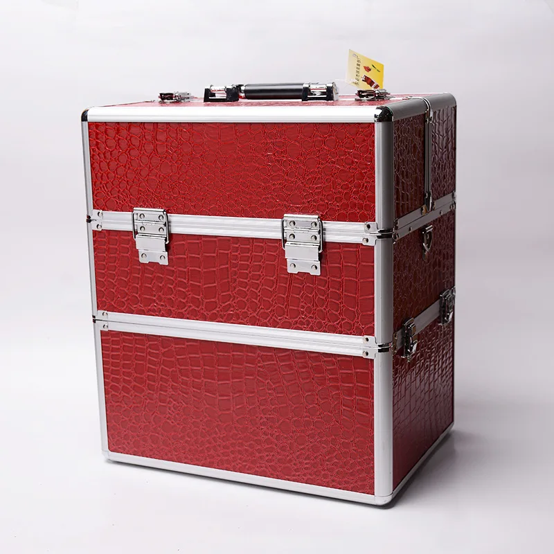 

High-grade Make-up Organizer Red Three-layer Red PU Aluminum Alloy Double-open Portable Cosmetic Case Large Capacity Storage Box