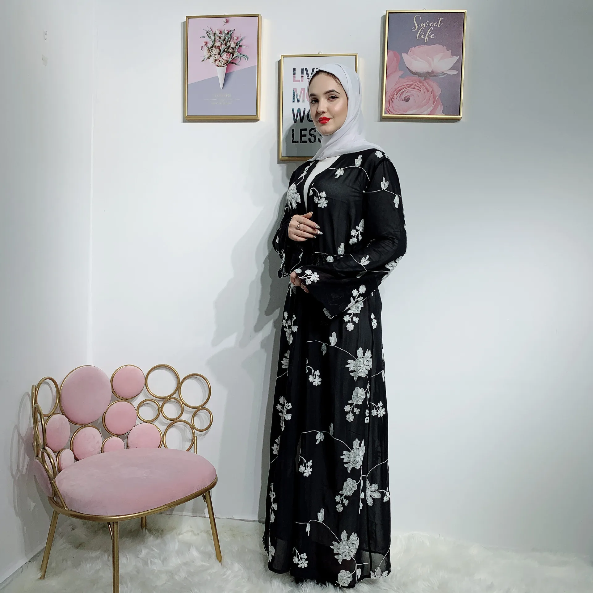 2019 Модный черный халат в цветочек с принтом Arabe Femme женский мусульманский кардиган абайя Восточный халат из марокена де соир е цзилбаба