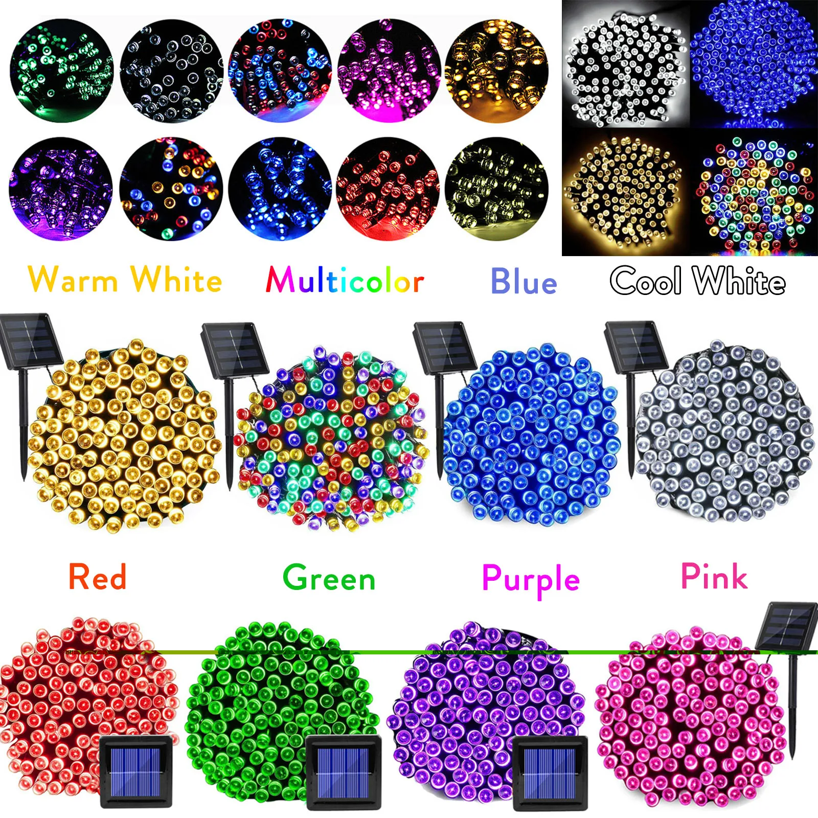 100 светодиодный солнечный свет гирлянды светильник гирлянда RGB 8 цветов Открытый Сад Рождество Свадебная