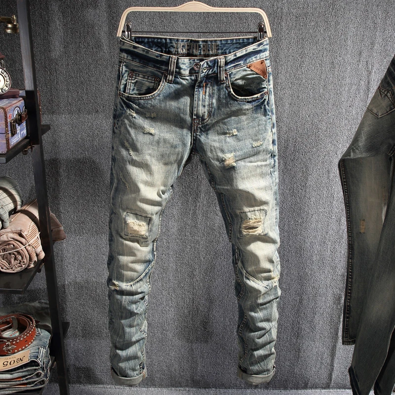 

Italian Style Fashion Men Jeans Retro Wash Slim Fit Ripped Jeans Men Spliced Designer Denim Pants Streetwear Hip Hop Jeans Homme