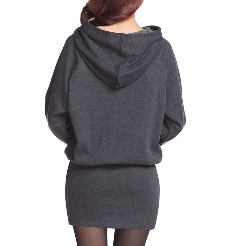 Зимние платья для женщин размера плюс повседневные с капюшоном черное платье