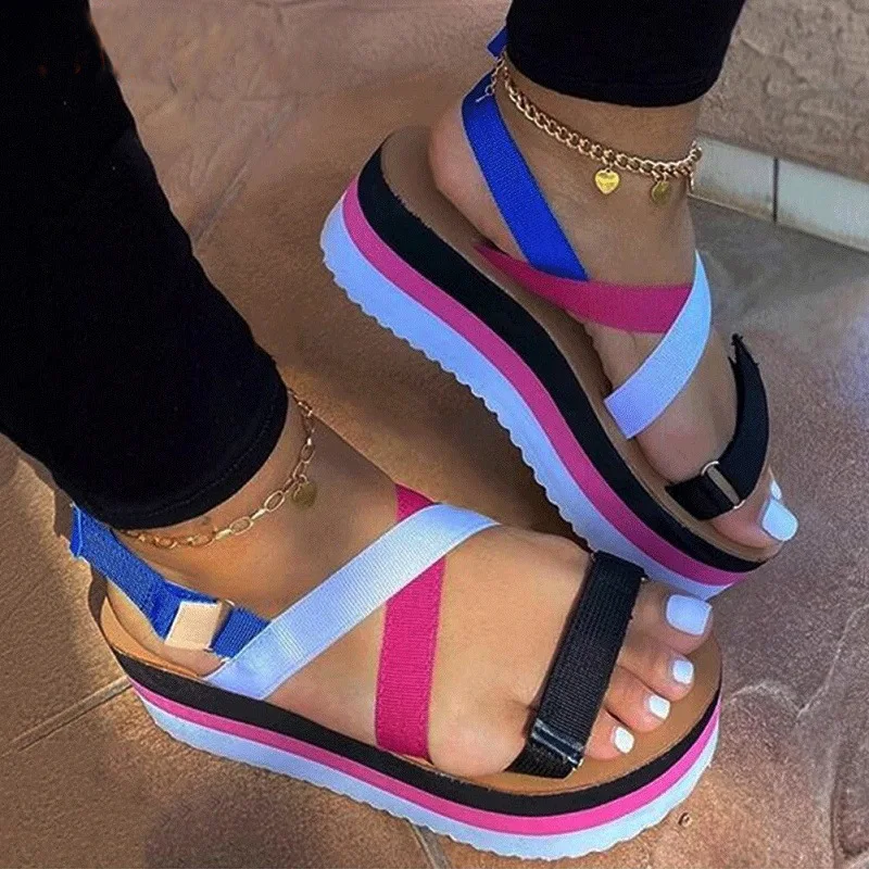 

Women Sandals 2020 New Female Shoes Woman Summer Wedge Comfortable Sandals Rainbow Thick Bottom Ladies Slip-on Flat Sandals