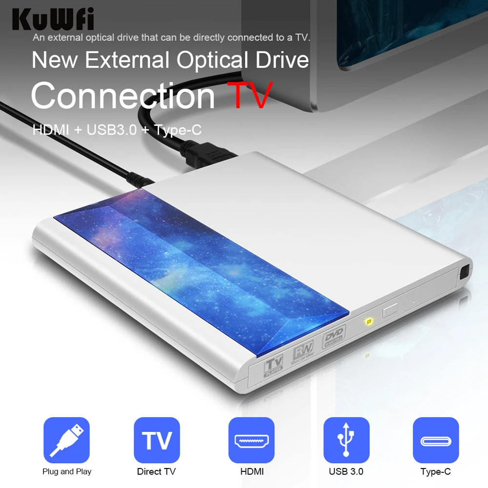 Kuwfi Brand New External Dvd Drive Support Connecting Tv Remote Control