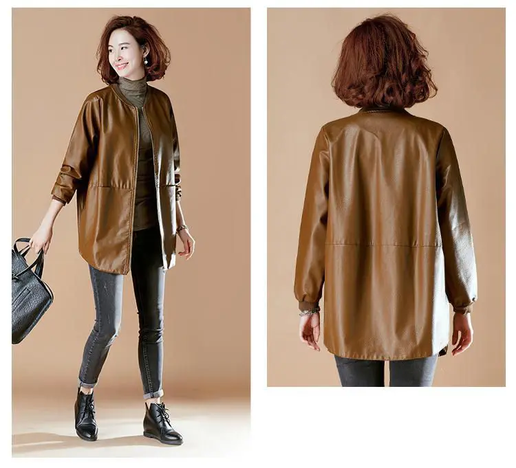 Women PU Leather Jacket 2024 New Female Spring Autumn Large Size 6XL Coats Female Mid-length Leather Overcoat PU Leather jacket