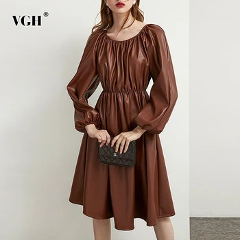 

VGH Vintage PU Leather Dress For Women O Neck Lantern Sleeve High Waist Mini Dresses Female Fashion New Clothing 2020 Autumn