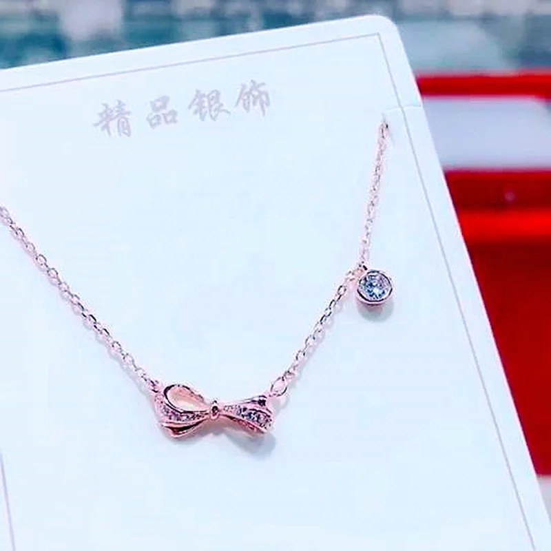 OMHXZJ XR184 Европейская мода для девушек и женщин для вечеринки, дня рождения свадебный подарок галстук-бабочка циркон 925 пробы серебро Цепочки и ожерелья