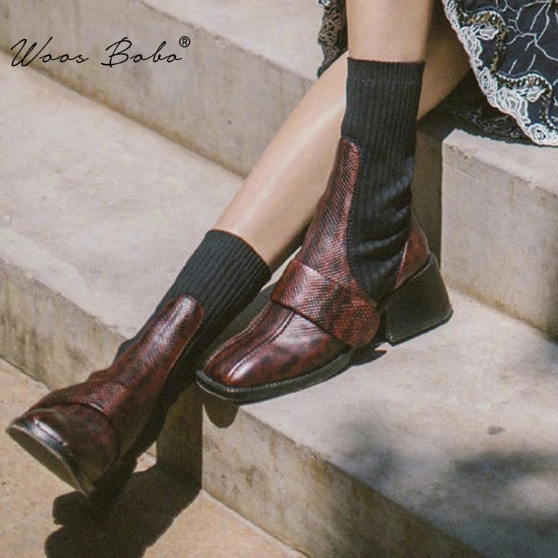 

Leather splice Socks boots women Square toe thick heel high-heel ankle boots 2019 Autumn fashion Elastic women short boots