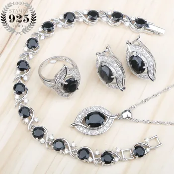 

New Silver 925 Women Bridal Jewelry Sets Black Zircon Wedding Bracelets Earrings Rings With Stones Pendant Necklace Gift Box