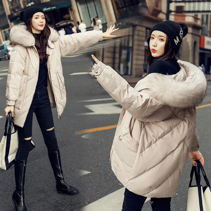 Mid-length Large Fur Collar down Jacket Women's New Style Hot Selling White Duck down Thick Warm Slim Fit Winter Fashion Co