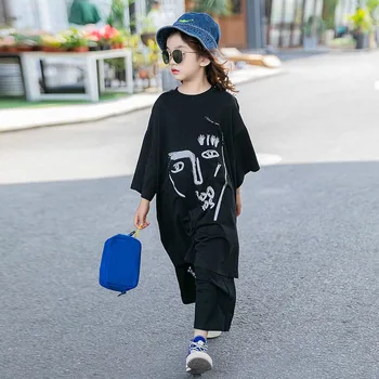 

Summer Fashion Kids Two Piece Set Teen Girl Loose Casual Long Style Shirt and Pants Set Children Cotton Girls Clothes Set, #0048