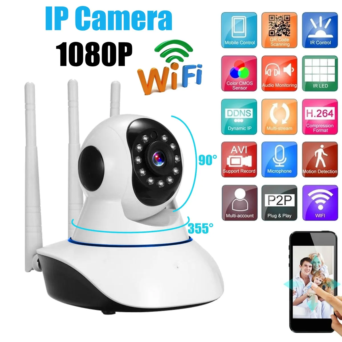 Горячая Распродажа full HD 1080P ip-камера с тремя антеннами, беспроводная домашняя камера безопасности, камера наблюдения, Wifi, камера ночного видения, CCTV камера