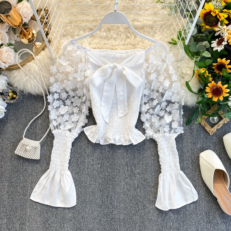 Neploe французский суд стиль сетки лоскутное аппликации Blusas Slash средства ухода за кожей Шеи с открытыми плечами плиссированная блузка расклешенная с длинным рукавом Тонкий Shirt48459
