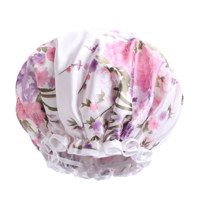 Large Size Shower Cap Satin Waterproof Bath Hat Shampoo Cap Sleeping Night Hair Care Bonnet Hair Cover Women Bathroom Supplies flower hair clips Hair Accessories