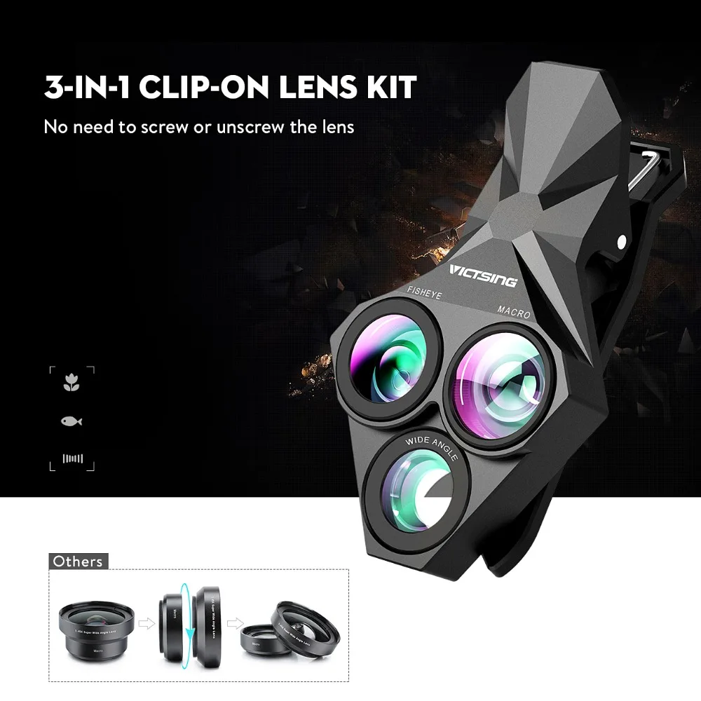 VicTsing 3 in 1 Clip-On Fisheye Lens+0.65x Wide Angle Lens+20x Super Macro Lens HD Professional Universal Durable Phone Lens Kit (1)
