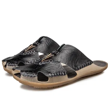 

Summer Closed-toe Leather Slippers Men Cool Jelly Shoes Genuine Leather Cowhide Men Shoes Beach Black Brown Slippers