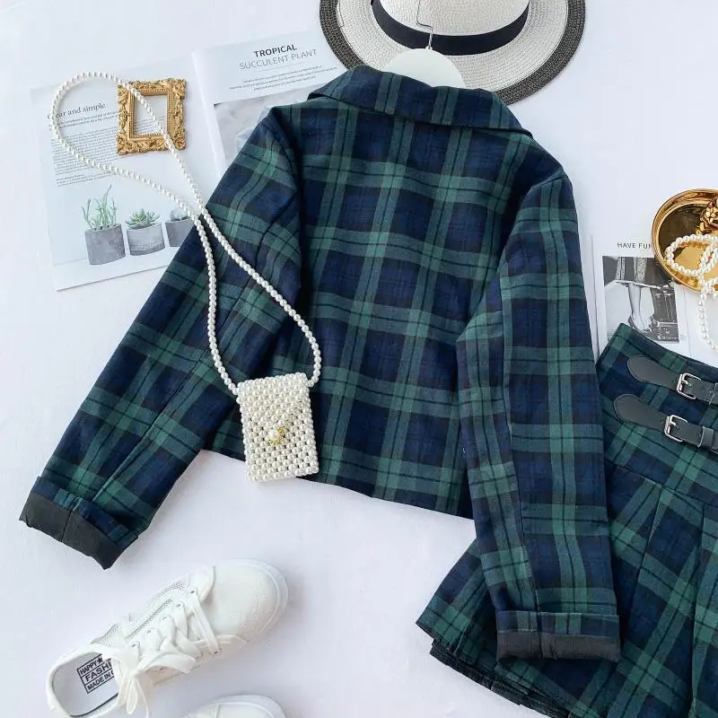 MUMUZI Autumn outfit suit female new short plaid jackets and green grid British wind suit pleated skirt 2pcs set
