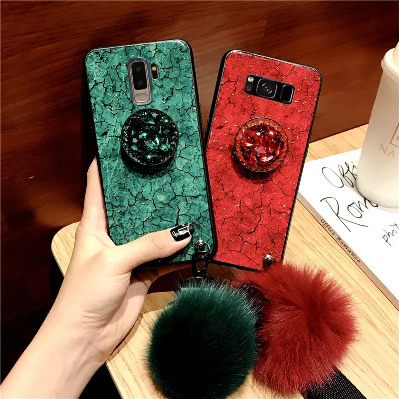 

Luxury DIY hair ball+strap+stand holder phone case For samsung NOTE 10PRO NOTE9 NOTE8 S10 S9 S8 Plus Glitter Epoxy Cover Coque