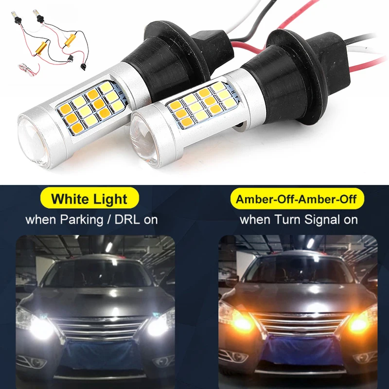 

New Arrival 2pcs 7440 T20 Amber+White Dual Color Bright LED Turn Signal Light Bulbs for Car Light Source