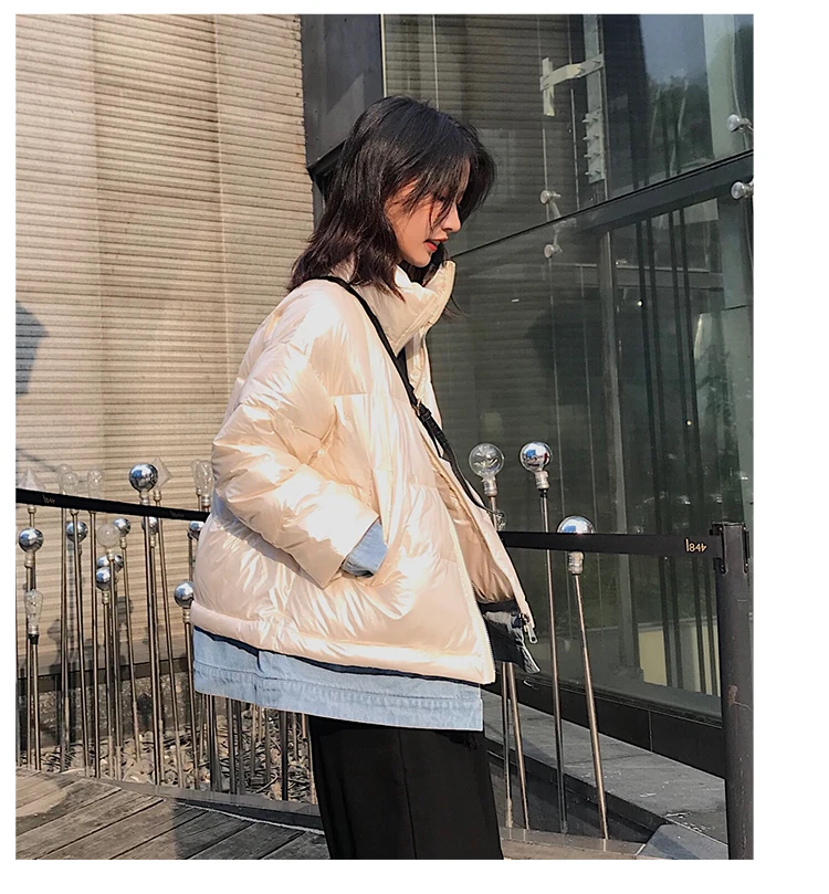 Зимнее джинсовое лоскутное глянцевое пуховое пальто для женщин, большие размеры, стоячий воротник, длинный рукав, куртки для женщин, Корейская теплая Толстая парка, пальто