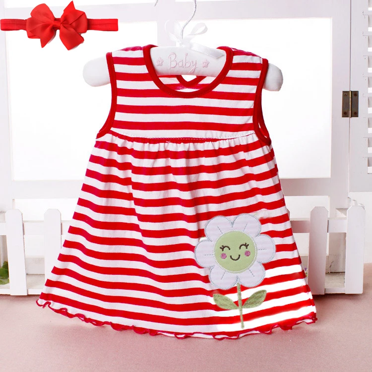 red striped В году, летнее милое платье принцессы для девочек из хлопка одежда для малышей от 0 до 18 месяцев милый мультфильм с повязкой на голову - Цвет: red striped