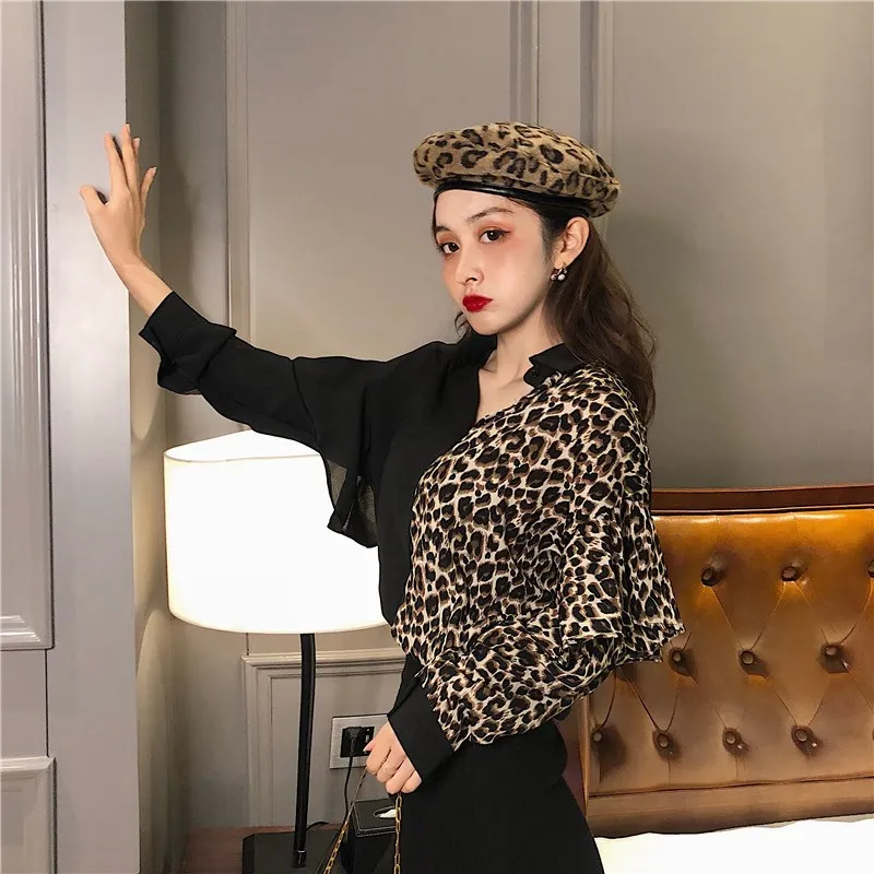 Ретро Лоскутные однобортные свободные рубашки на пуговицах женские контрастные оборки с длинными рукавами леопардовая блузка осенние повседневные топы