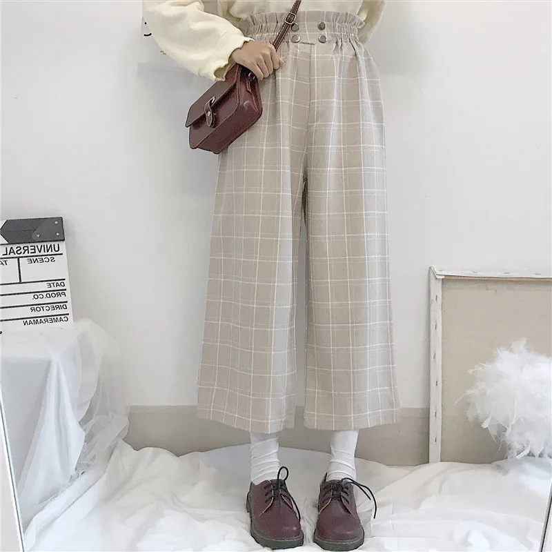 Mori Girl/милые женские брюки в клетку с широкими штанинами длиной до щиколотки, клетчатые брюки, повседневные осенние штаны с высокой талией, цвет бежевый и серый