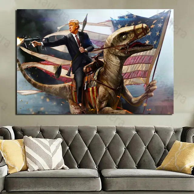 President Donald Trump Shooting Gun Canvas Painting American Flag Dinosaur Picture Modern Home Decor Living Room Wall Art Poster 2