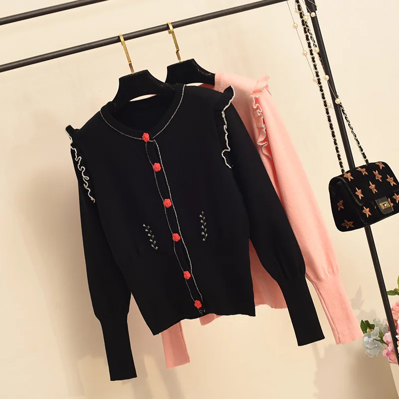 ^*Best Offers Autumn Winter Knitwear Cardigan Women Sweater Long Sleeve Pink Knit Coat Girls Lotus Leaf Edge Knitted Cardigans Femme Sweaters