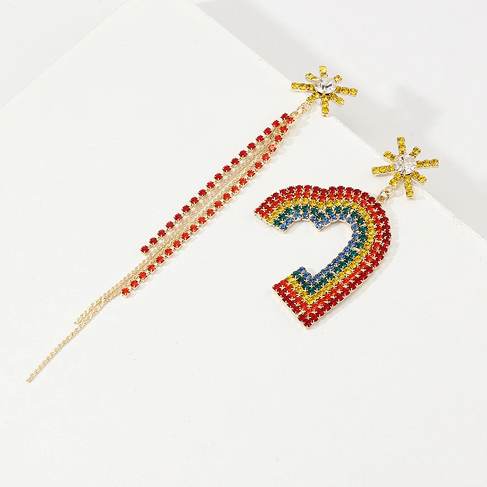 Minimalist Lady Rainbow Rhinestone Half Heart Long Tassel Drop Asymmetric Ear Stud Earrings Geometric Stud Earrings for Women Gi
