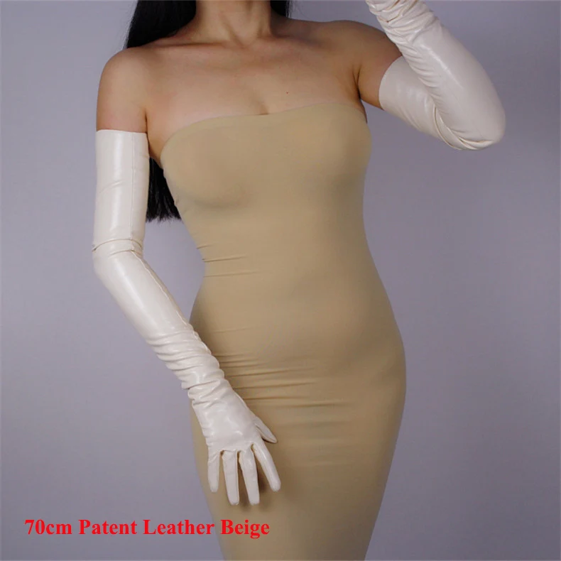 Лидер продаж серебристый Лакированная кожа женские перчатки Синтетическая кожа PU Имитация натуральной кожи женские перчатки митенки 70 см