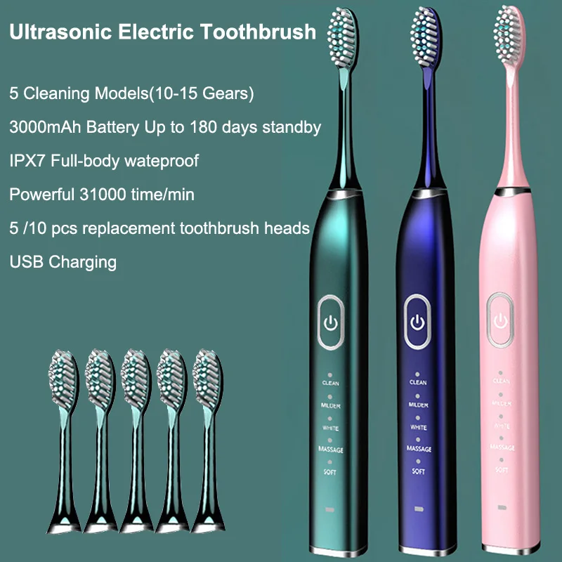 

15 Modes Automatic Sonic Electric Toothbrush Rechargeable USB Charger Ultrasonic Teeth Brush for Adults 5/ 10 Replacement Heads