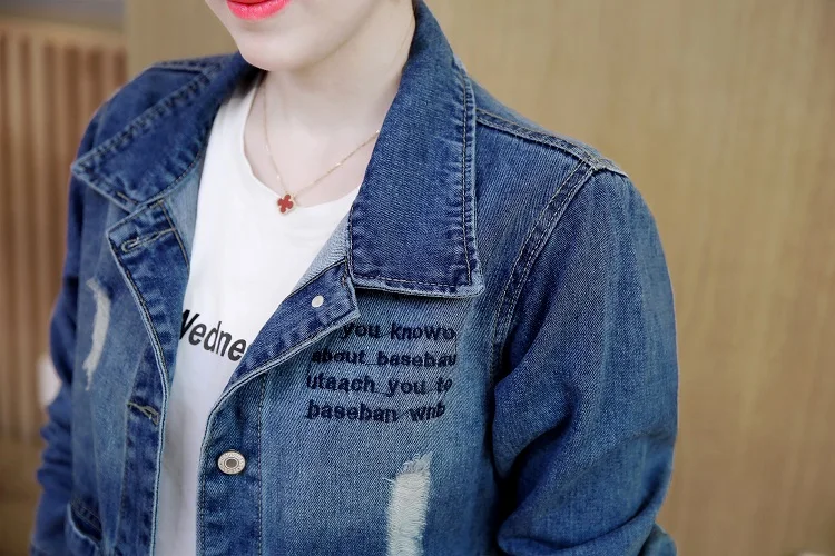 Korean-style Large Size Dress Spring And Autumn Mid-length Jeans Coat with Holes Embroider Jacket Slim Fit Trench Coat Wome
