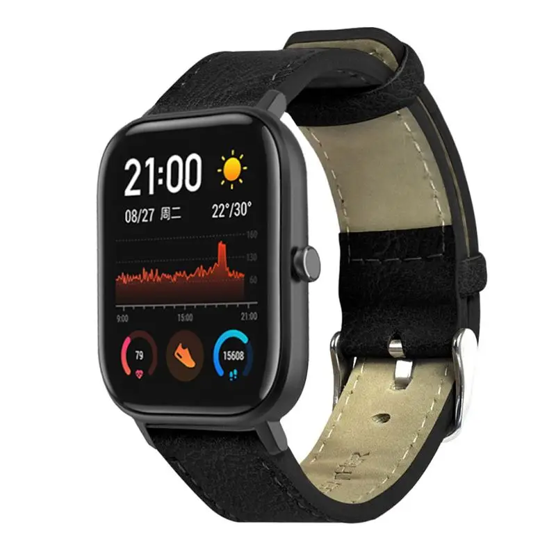 Винтажный ремешок из натуральной кожи для часов Huami Amazfit GTS Smart Watch - Цвет: Черный