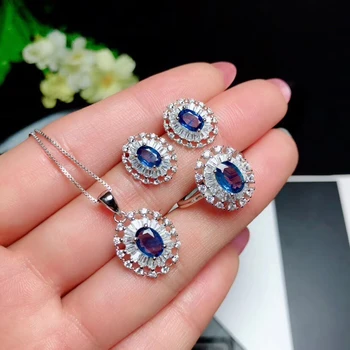 

ELEGANT BLUE SAPPHIRE GEMSTONE SILVER JEWELRY SET RING EARRINGS NECKLACE REAL NATURAL OVAL GEM GIFT COST EFFECTIVE BIRTHSTONE