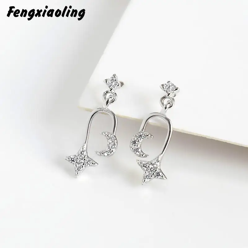 

Fengxiaoling New Arrival Star Moon Earrings 100% 925 Sterling Silver Multiple Zircons Drop Earrings Jewelry Earrings For Women