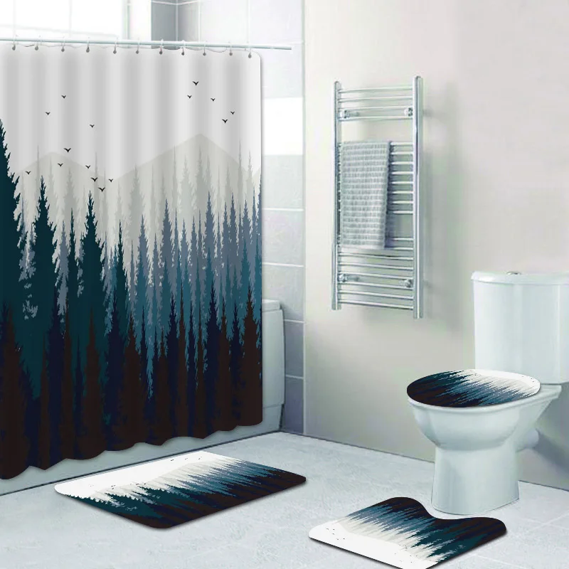 Rustic Scenery Foggy Forest Shower Curtains Set For Bathroom Nature