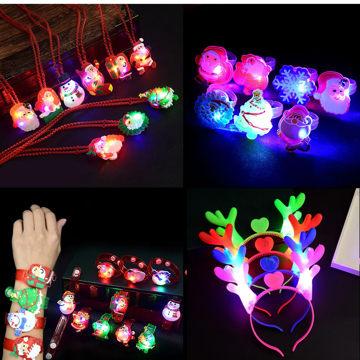 Kids 24PCS Cartoon Christmas Glowing Finger Ring Sparkling Bracelet Led Flashing Necklace Luminous Deer Headband Xmas Decor Toy