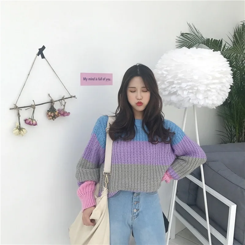 Woherb многоцветный Радужный свитер женские вязаные пуловеры Harajuku корейский полосатый свитер свободный длинный рукав женский джемпер
