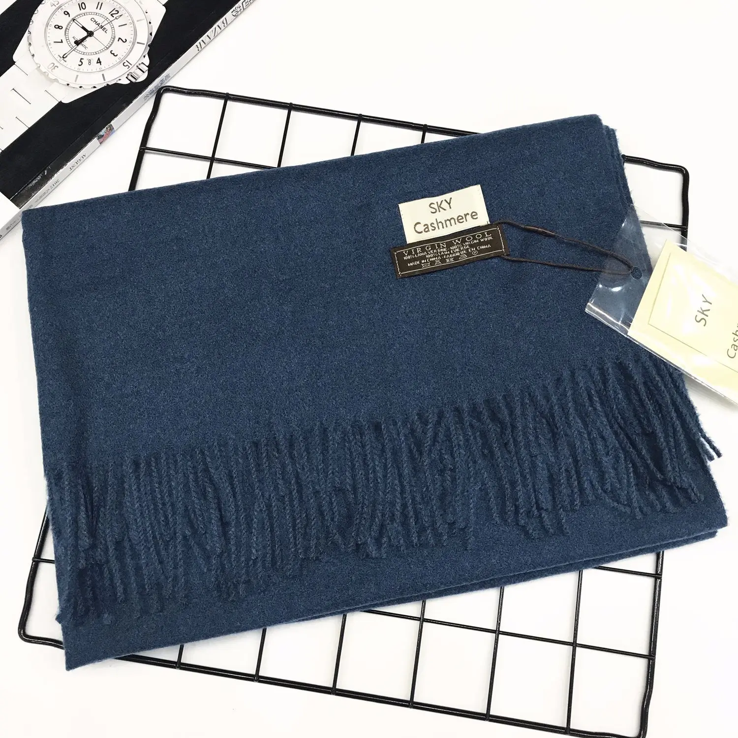 Denim Blue Женские шарфы, кашемировые, толстые, унисекс, Одноцветный шарф, пашмина, шаль, женская накидка, хиджаб, палантины с кисточками, длинная голова, 260 г - Цвет: Denim Blue