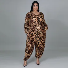 

Plus Size Jumpsuits 4XL for Women V Neck Long Lantern Sleeve Wide Leg Pants Leopard Overalls Evening Party Drop Shipping 2022