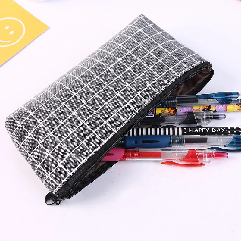 

Back to School Canvas Grid Pencil Case Solid Color Pen Case Pencil Bag for Kids Gifts School Office Supplies Kawaii Stationery