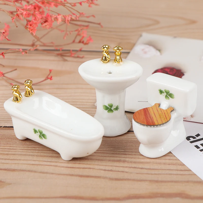 1Set(3pcs) 1/24 Dollhouse Miniature Bathroom Set Ceramic Bathtub Toilet for Dolls House Furniture Play Toy 3Styles