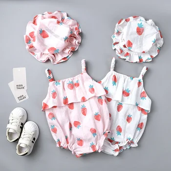 

Cartoon Strawberry Baby Girl Clothes Summer Baby Girls Romper Cotton Sleeveless Newborn Romper+Hat Infant Clothes 0-18 Months